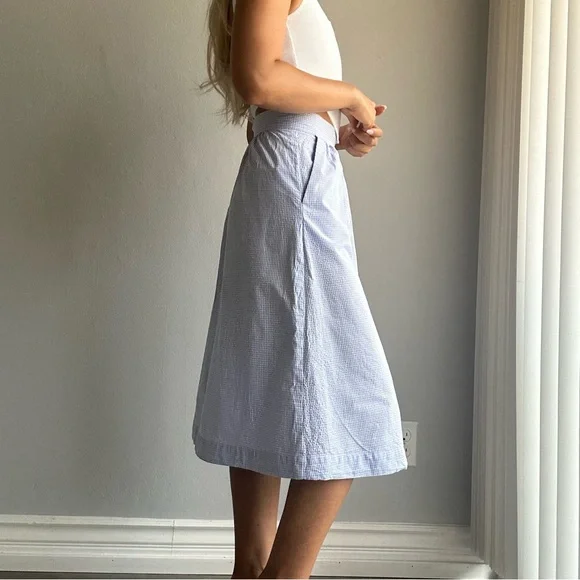NWOT Mango Gingham 100% Cotton Midi A Line Skirt in Baby Blue w/ Pockets - Picture 5 of 13
